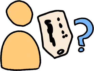 An emoji yellow figure next to a label that has three small lines, a colon, and then a squiggle below it. To  the right of the person and label is a light blue question mark.